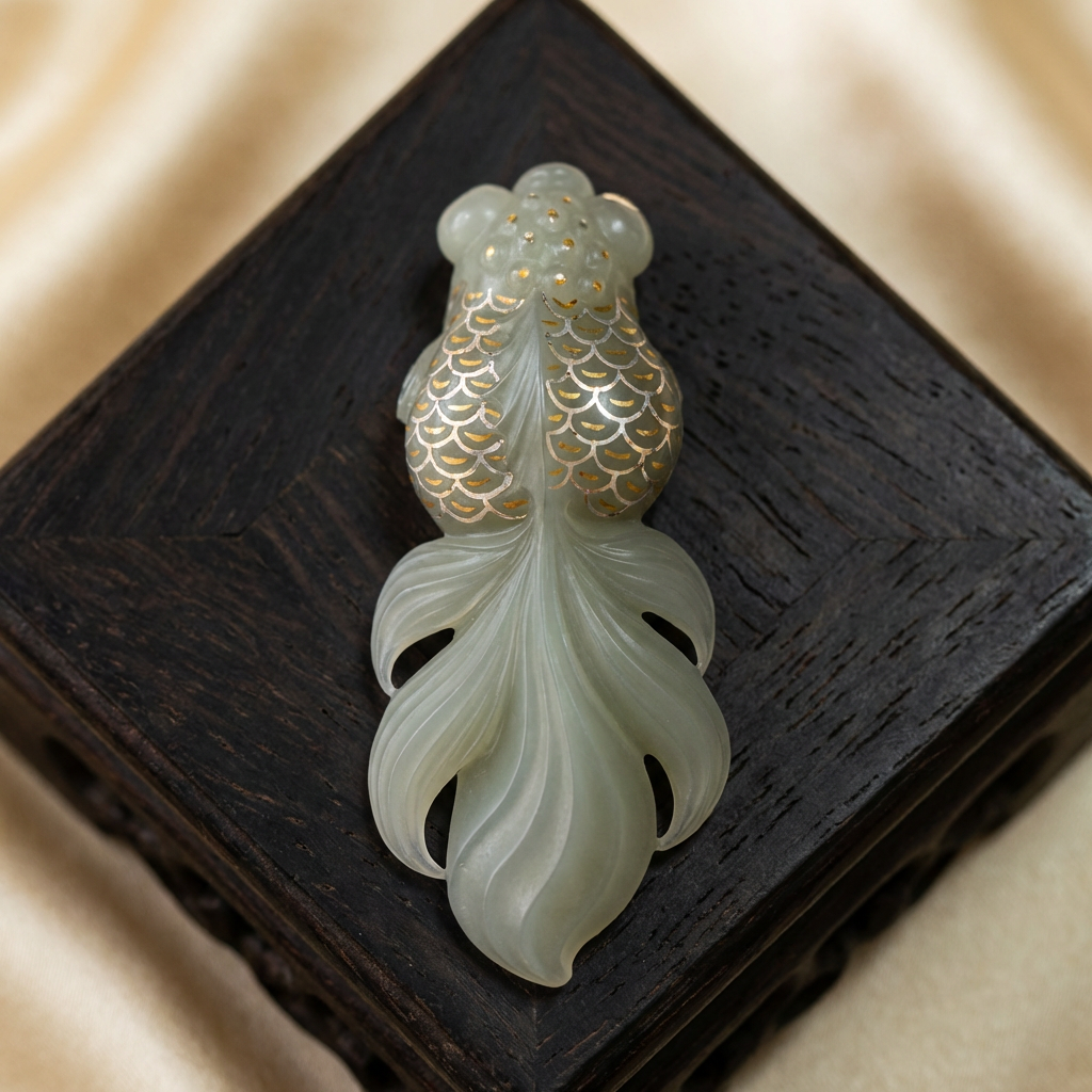 Exquisite Gold-Inlaid Jade Fish Sculpture | Handcrafted Nephrite Pendant for Wealth & Abundance