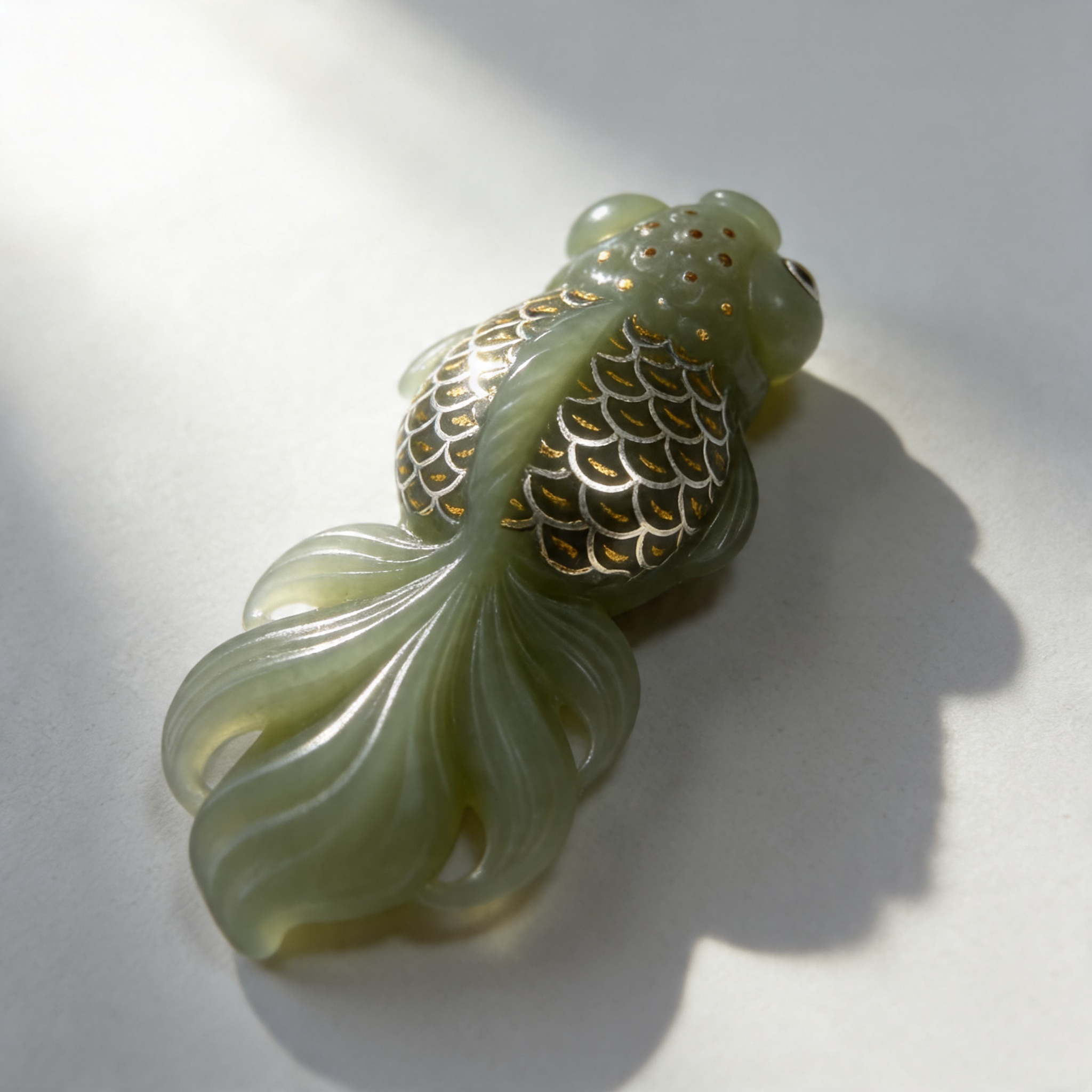 Exquisite Gold-Inlaid Jade Fish Sculpture | Handcrafted Nephrite Pendant for Wealth & Abundance