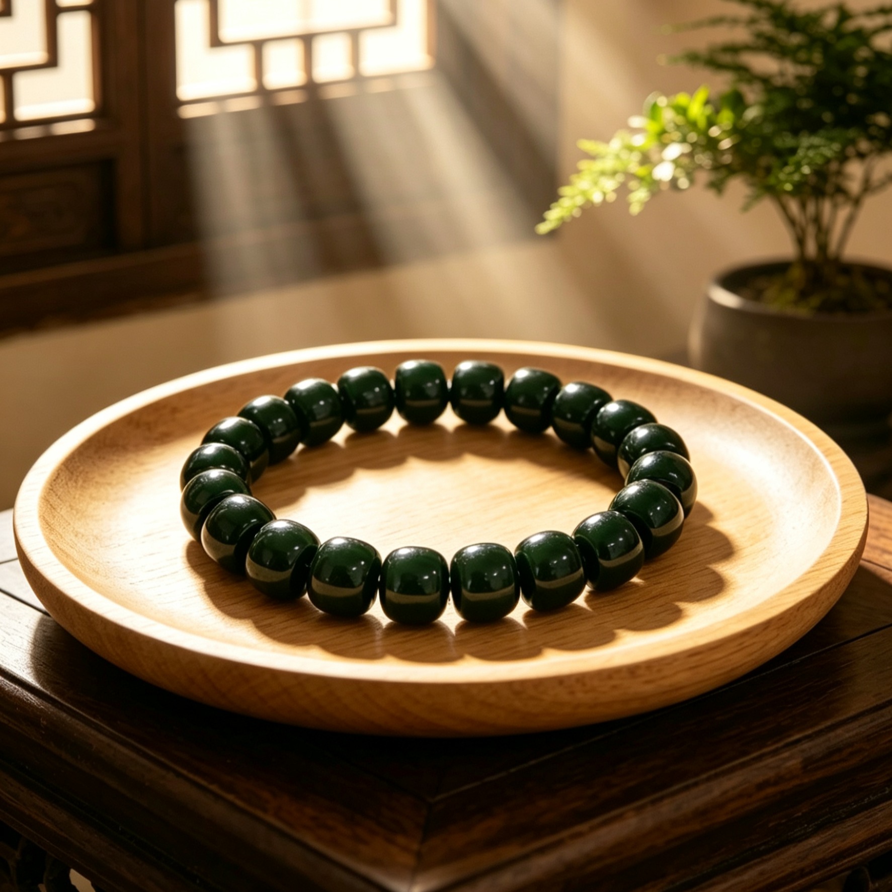 Hetian jade dark green bead bracelet, fine and even texture, uniform color.
