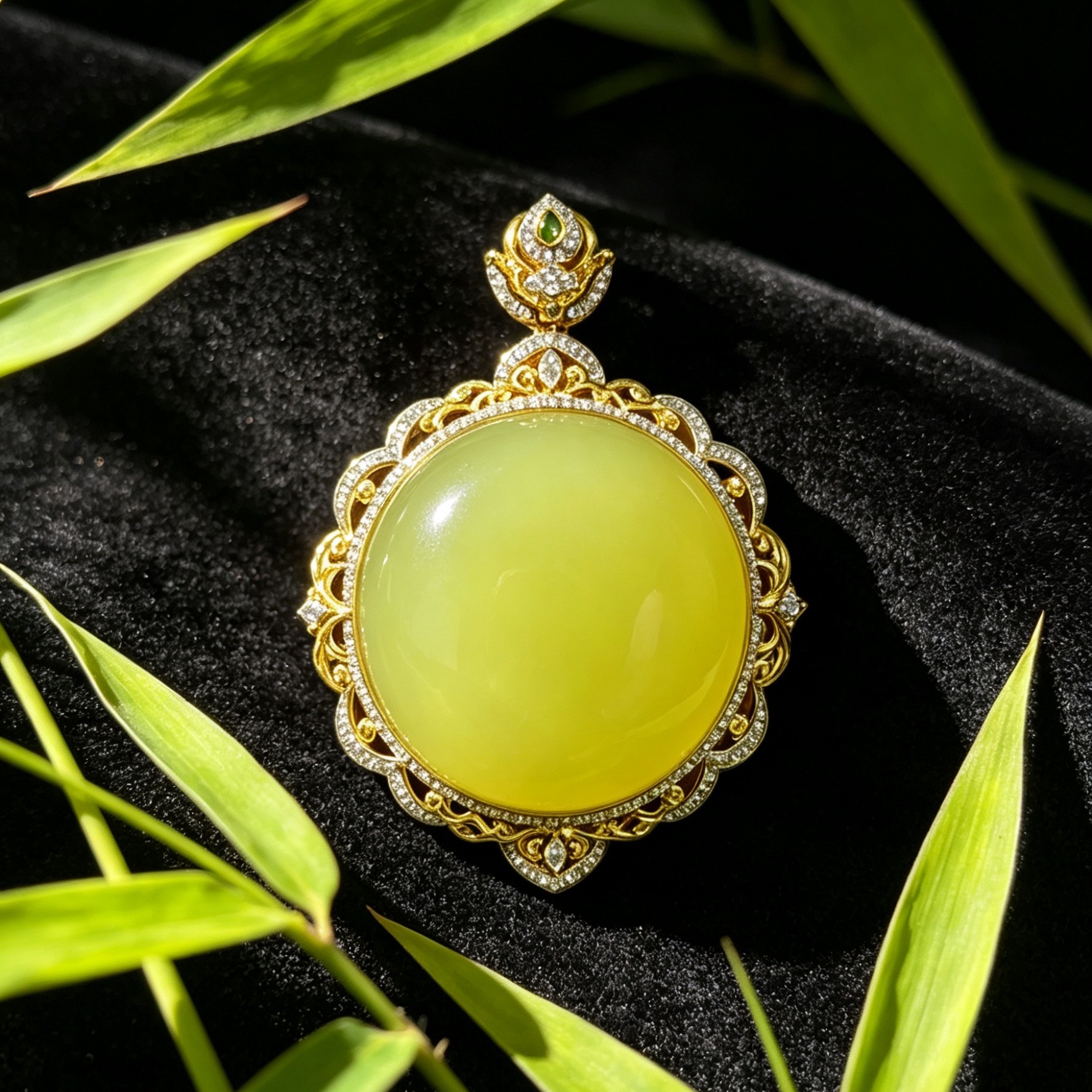 Hetian jade yellow warm jade pendant set in 18K gold with diamonds.