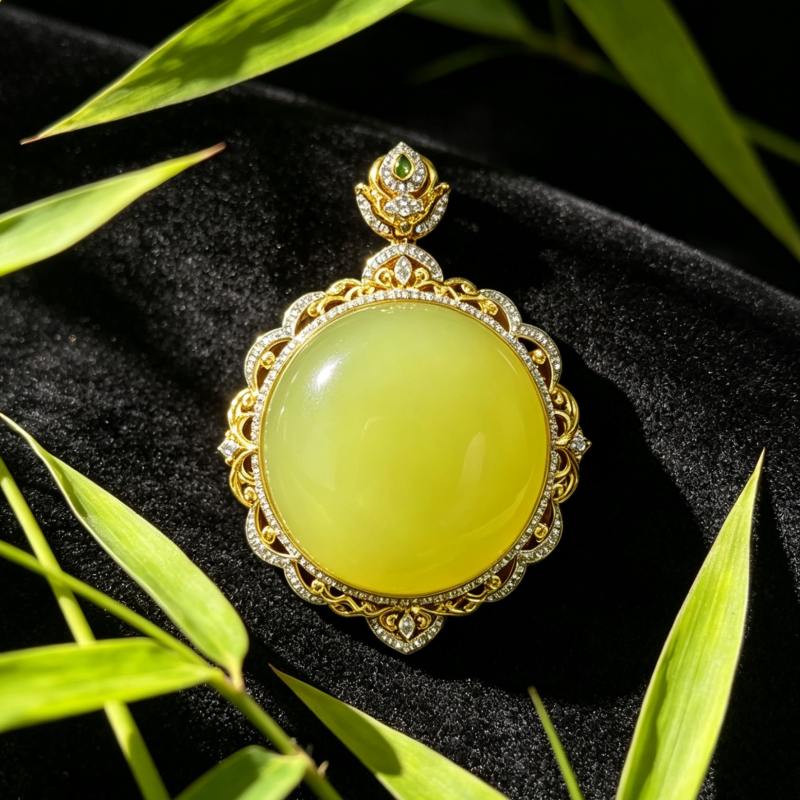 Hetian jade yellow warm jade pendant set in 18K gold with diamonds.