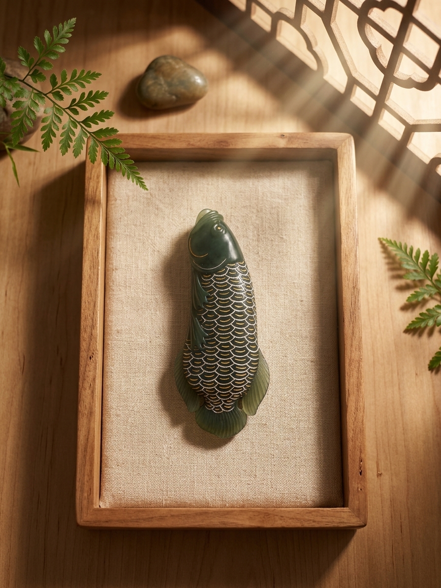 Hetian jade carving: Carp Leaping over the Dragon Gate – May You Have Abundance Every Year