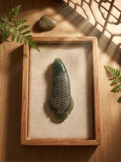 Hetian jade carving: Carp Leaping over the Dragon Gate – May You Have Abundance Every Year