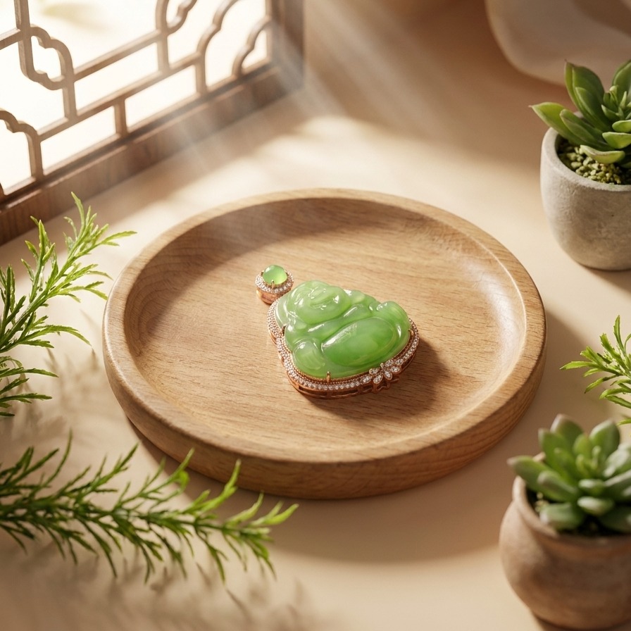 Hetian Jade Green Nephrite Buddha Pendant with 18K Rose Gold and Diamond Setting