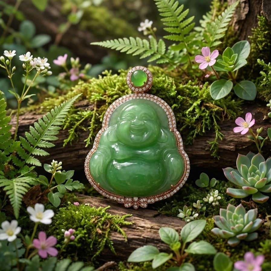 Hetian Jade Green Nephrite Buddha Pendant with 18K Rose Gold and Diamond Setting