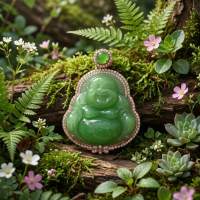 Hetian Jade Green Nephrite Buddha Pendant with 18K Rose Gold and Diamond Setting