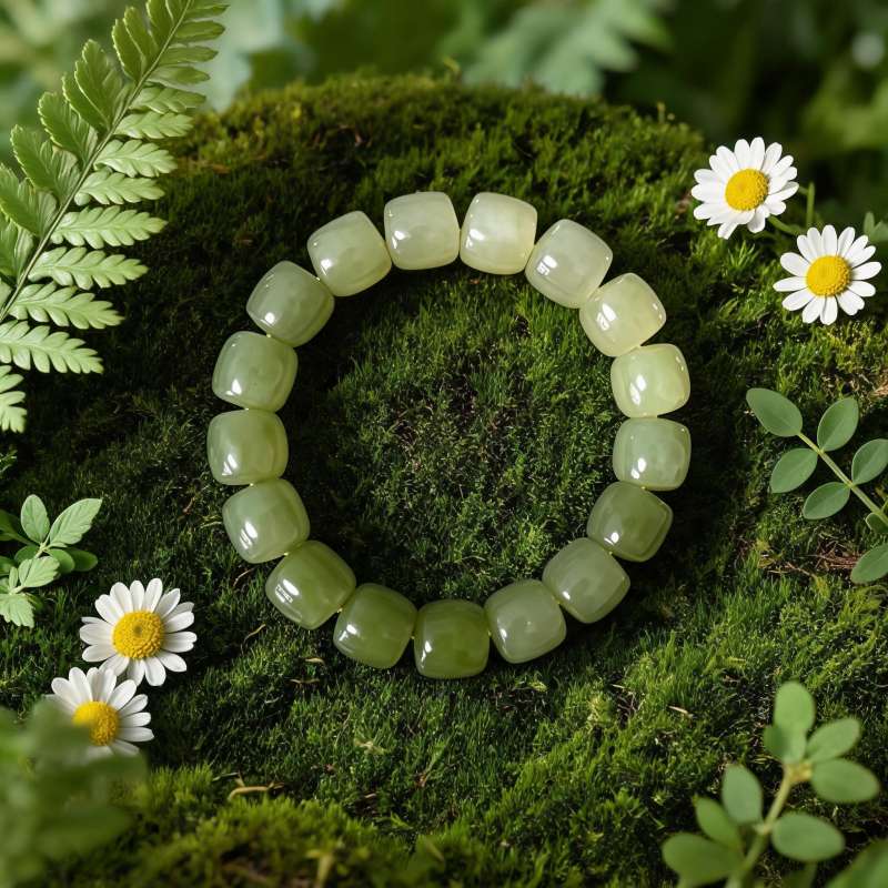 Natural Hetian Jade Barrel Bead Bracelet